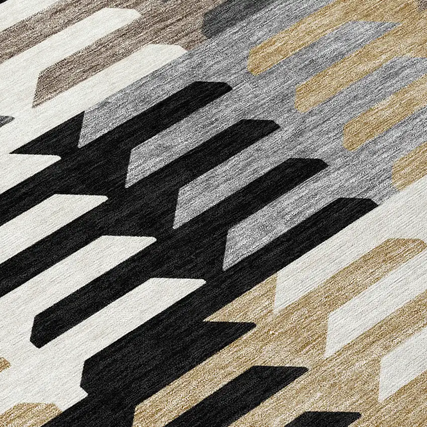 Black White And Wheat Geometric Washable Indoor Outdoor Area Rug Photo 8