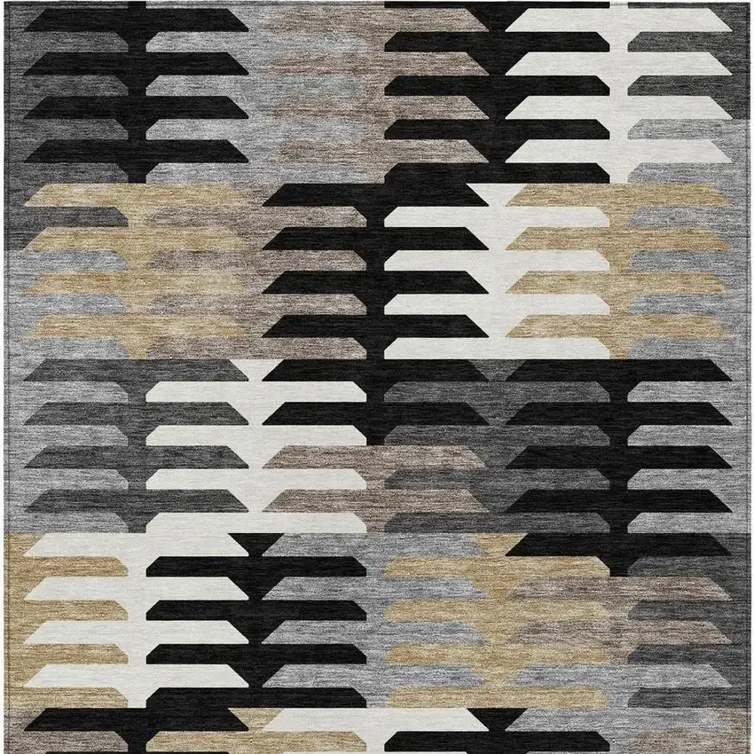 Black White And Wheat Geometric Washable Indoor Outdoor Area Rug Photo 4