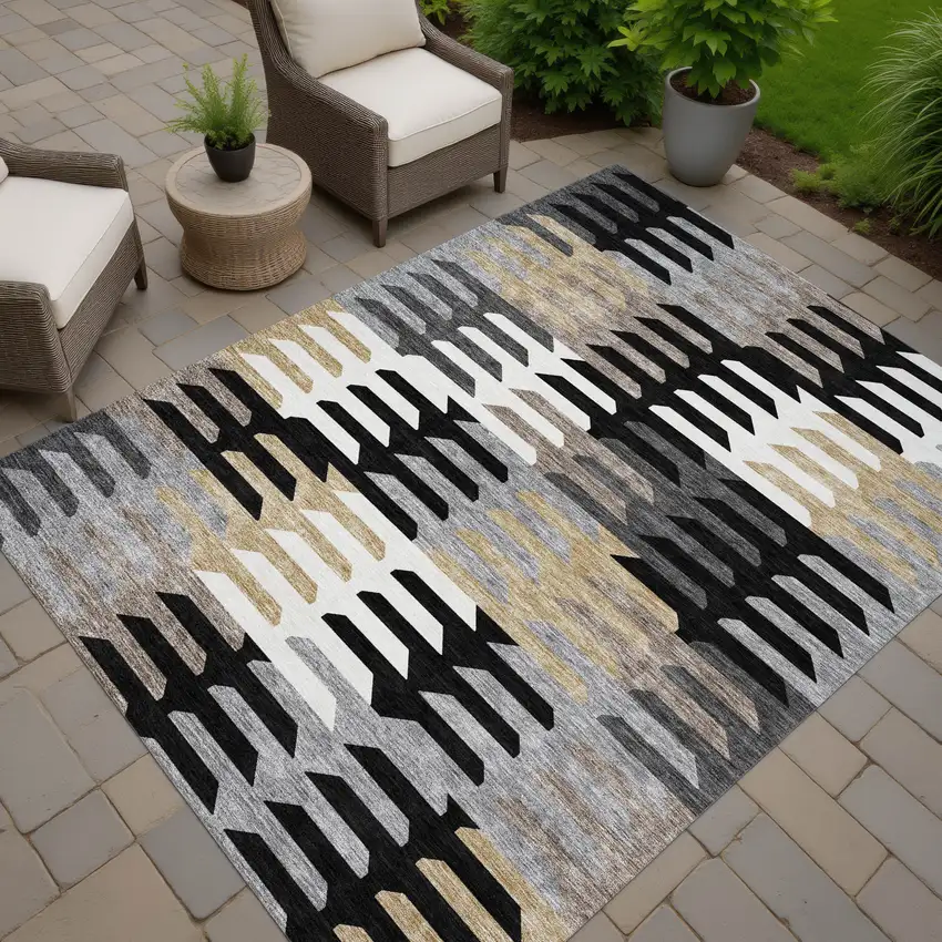 Black White And Wheat Geometric Washable Indoor Outdoor Area Rug Photo 8