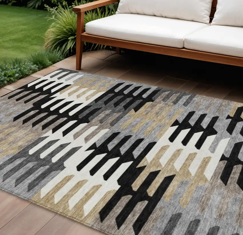 Black White And Wheat Geometric Washable Indoor Outdoor Area Rug Photo 1