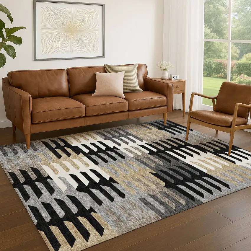 Black White And Wheat Geometric Washable Indoor Outdoor Area Rug Photo 9
