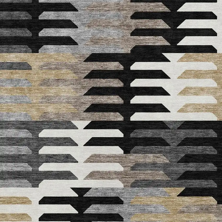 Black White And Wheat Geometric Washable Indoor Outdoor Area Rug Photo 7