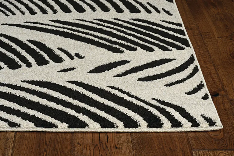 Black White Machine Woven UV Treated Oversized Leaves Indoor Outdoor Area Rug Photo 4