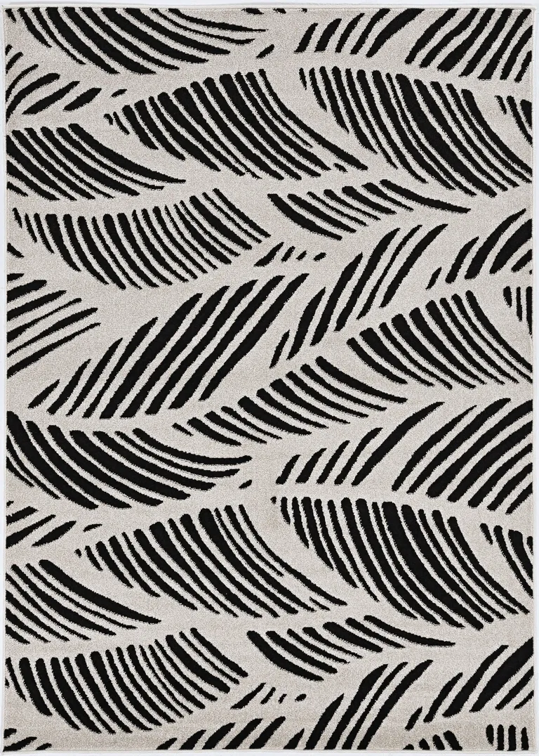 Black White Machine Woven UV Treated Oversized Leaves Indoor Outdoor Area Rug Photo 2