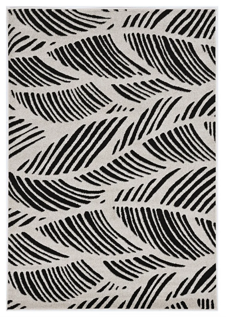 Black White Machine Woven UV Treated Oversized Leaves Indoor Outdoor Area Rug Photo 1
