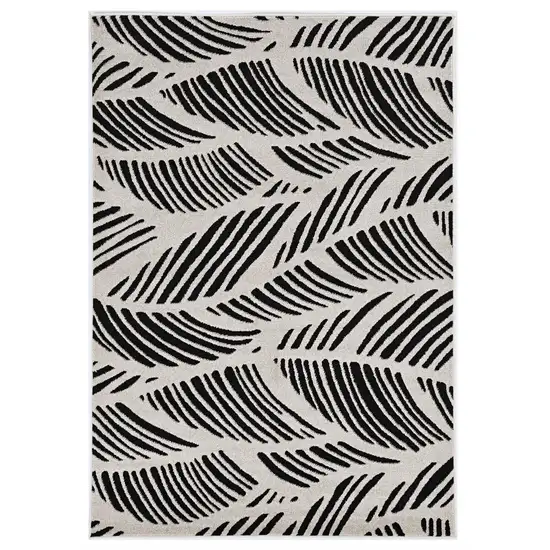 Black White Machine Woven UV Treated Oversized Leaves Indoor Outdoor Area Rug Photo 1