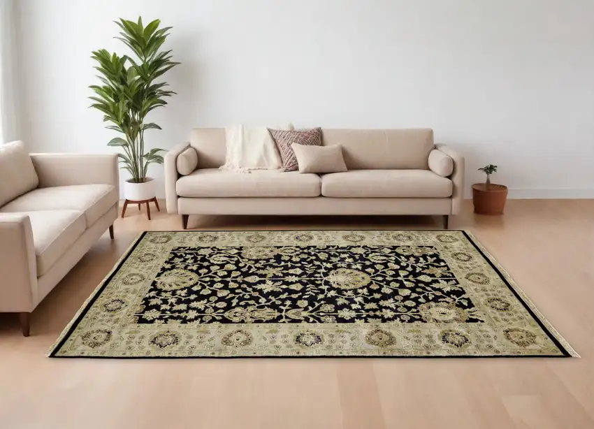 Black Wool Oriental Hand Knotted Area Rug Photo 1