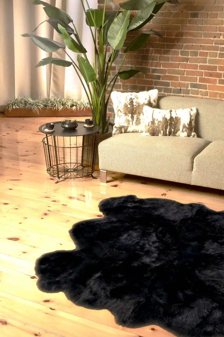 Black Wool Sheepskin Handmade Area Rug Photo 3
