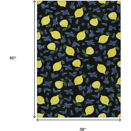 Black Yellow And Blue Lemons Washable Indoor Outdoor Area Rug Photo 3