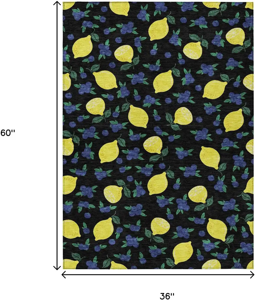 Black Yellow And Blue Lemons Washable Indoor Outdoor Area Rug Photo 3