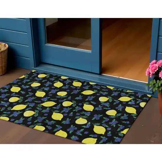 Black Yellow And Blue Lemons Washable Indoor Outdoor Area Rug Photo 1