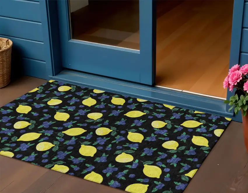 Black Yellow And Blue Lemons Washable Indoor Outdoor Area Rug Photo 1