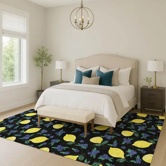 Black Yellow And Blue Lemons Washable Indoor Outdoor Area Rug Photo 9