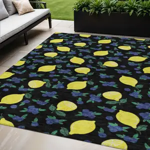 Photo of Black Yellow And Blue Lemons Washable Indoor Outdoor Area Rug
