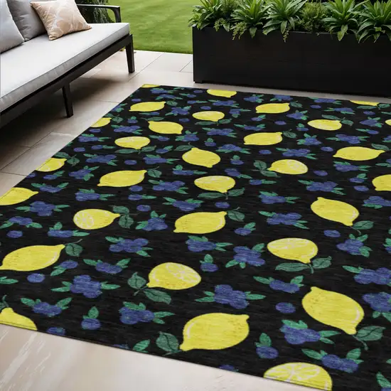 Black Yellow And Blue Lemons Washable Indoor Outdoor Area Rug Photo 1