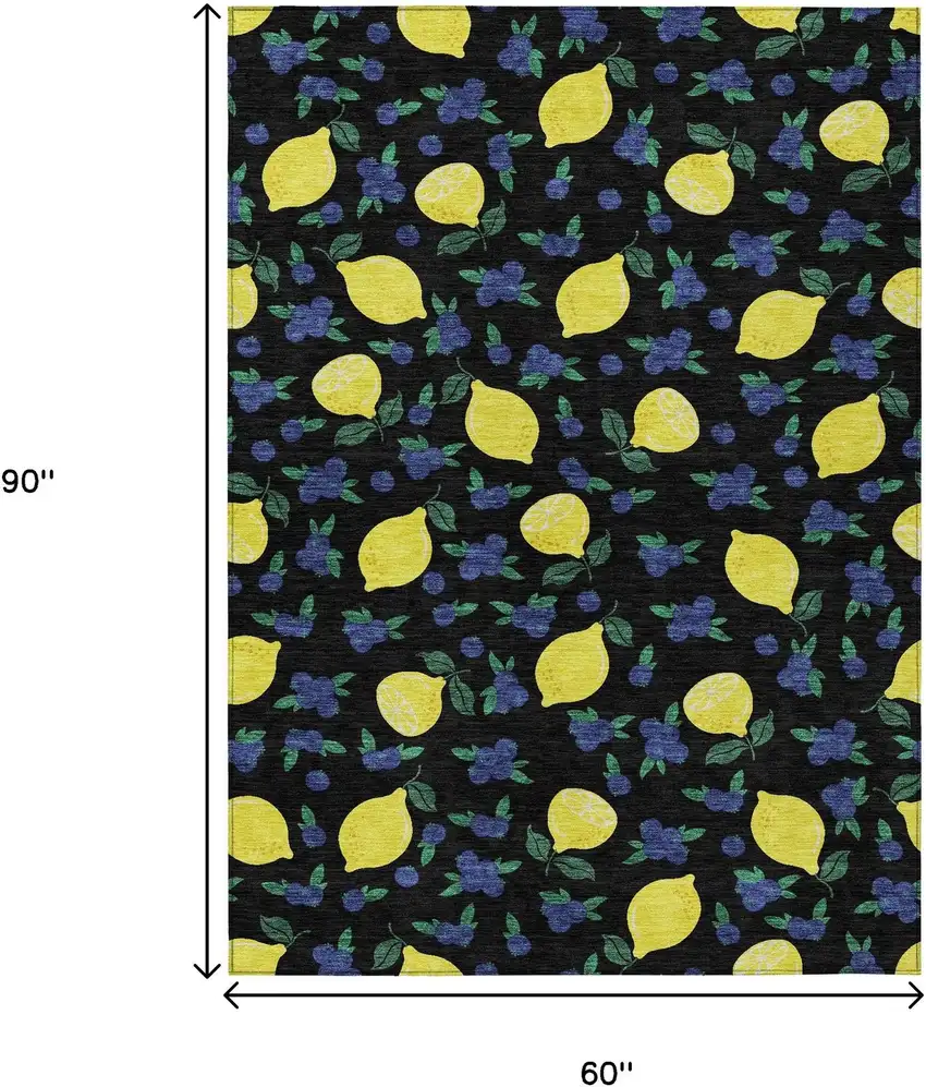 Black Yellow And Blue Lemons Washable Indoor Outdoor Area Rug Photo 3