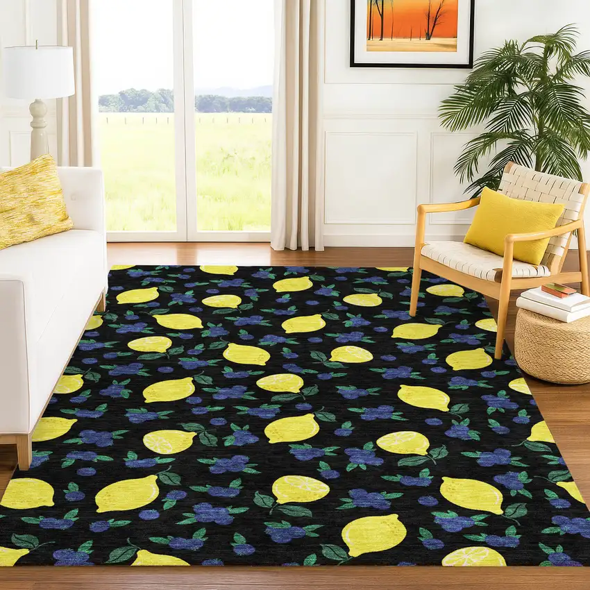 Black Yellow And Blue Lemons Washable Indoor Outdoor Area Rug Photo 9