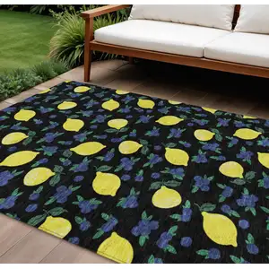 Photo of Black Yellow And Blue Lemons Washable Indoor Outdoor Area Rug