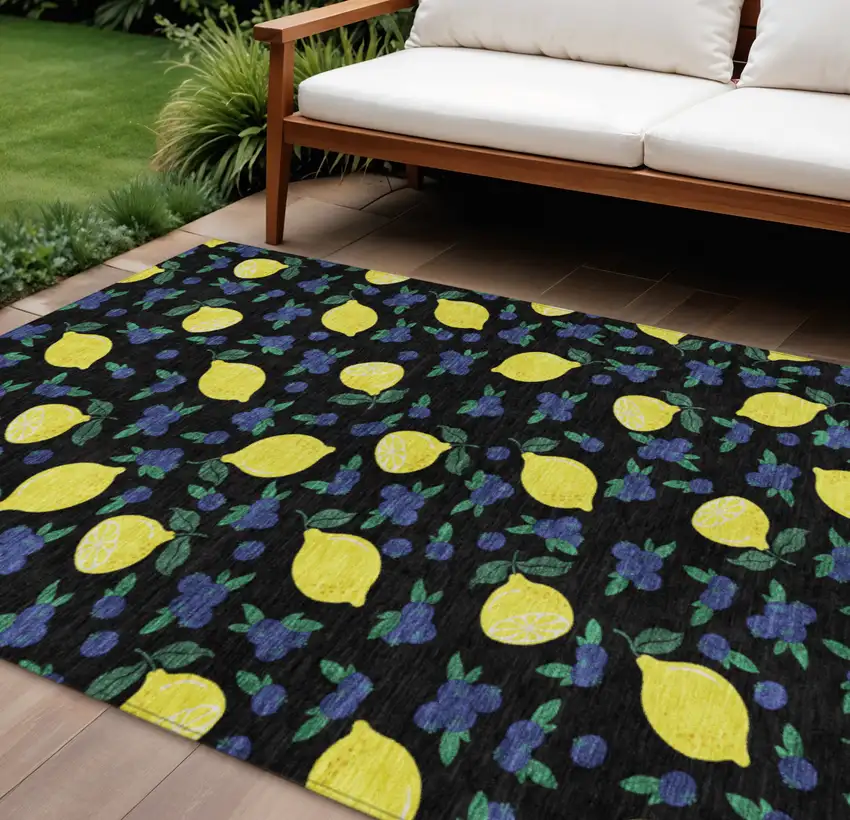 Black Yellow And Blue Lemons Washable Indoor Outdoor Area Rug Photo 1