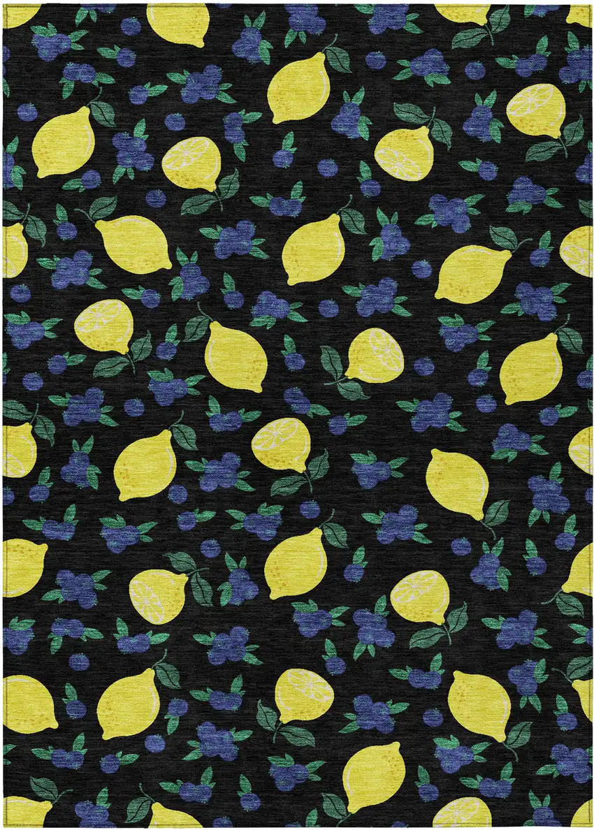 Black Yellow And Blue Lemons Washable Indoor Outdoor Area Rug Photo 2