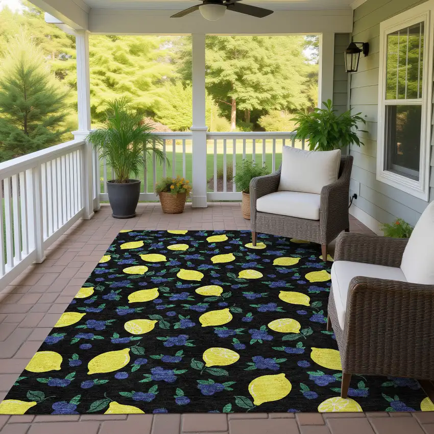 Black Yellow And Blue Lemons Washable Indoor Outdoor Area Rug Photo 9