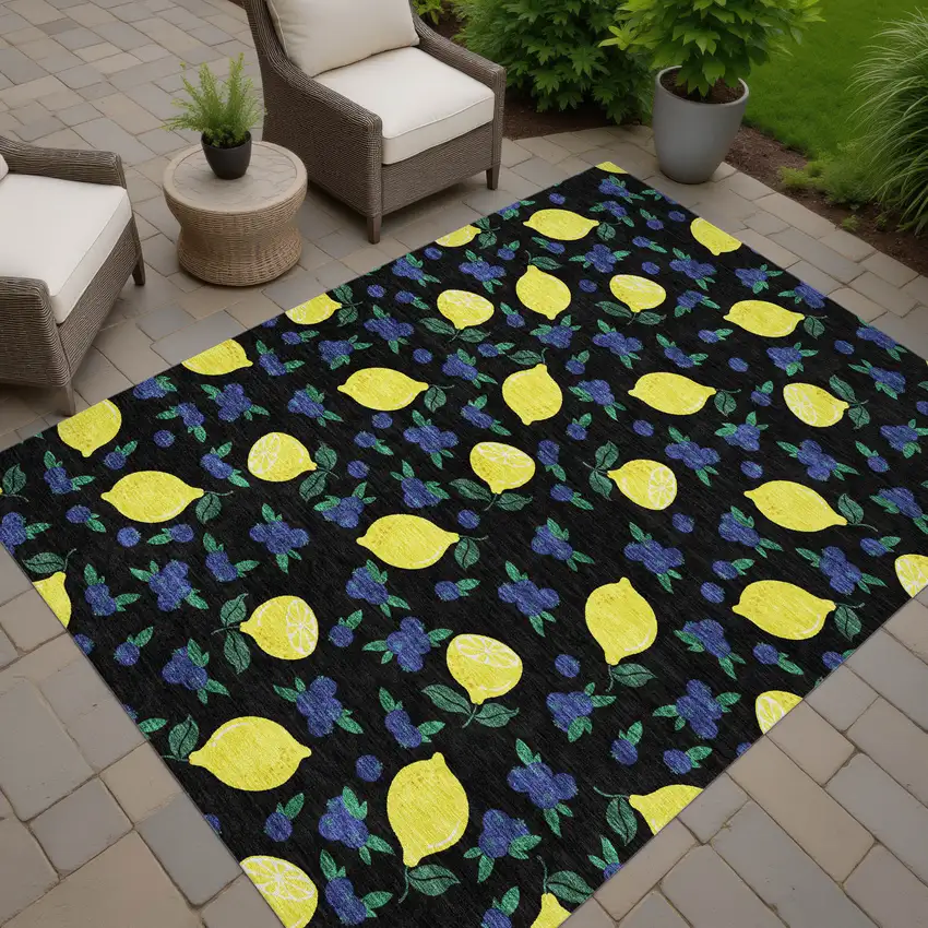 Black Yellow And Blue Lemons Washable Indoor Outdoor Area Rug Photo 7
