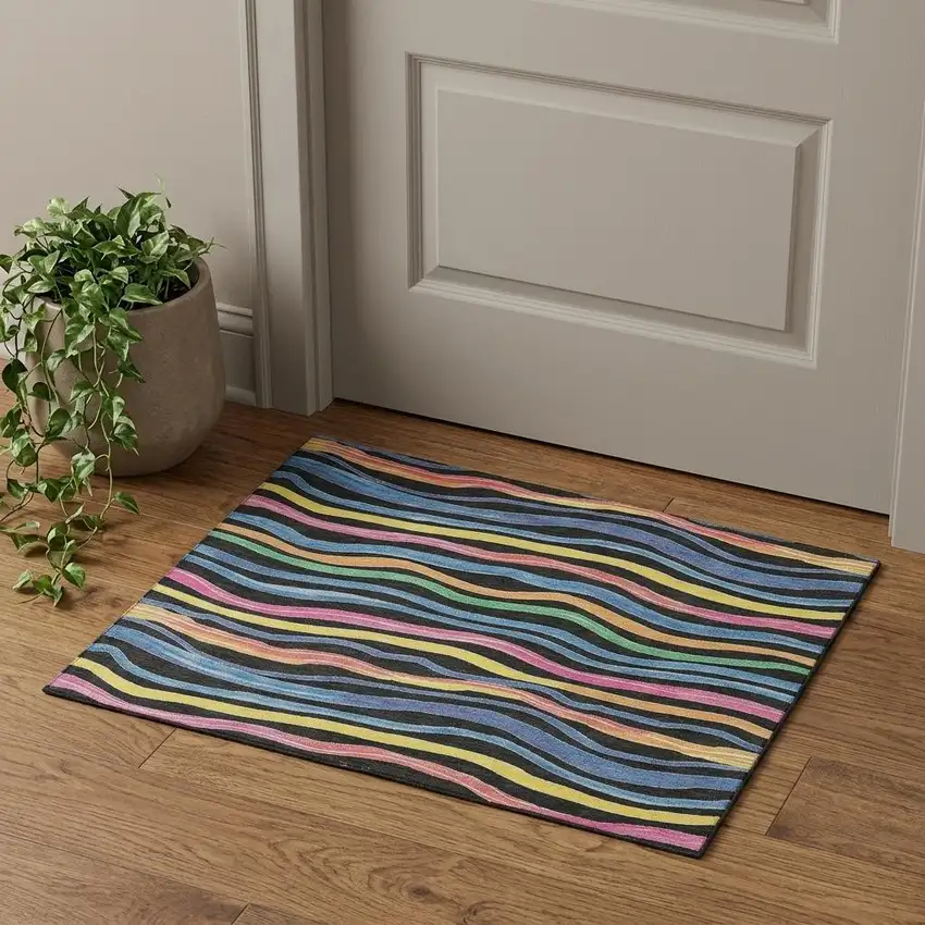 Black Yellow Blue And Pink Striped Washable Area Rug With UV Protection Photo 1