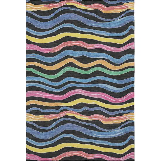 Black Yellow Blue And Pink Striped Washable Area Rug With UV Protection Photo 3