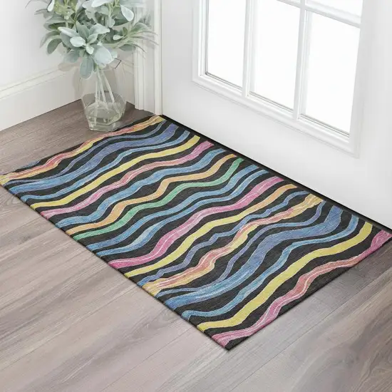 Black Yellow Blue And Pink Striped Washable Area Rug With UV Protection Photo 2