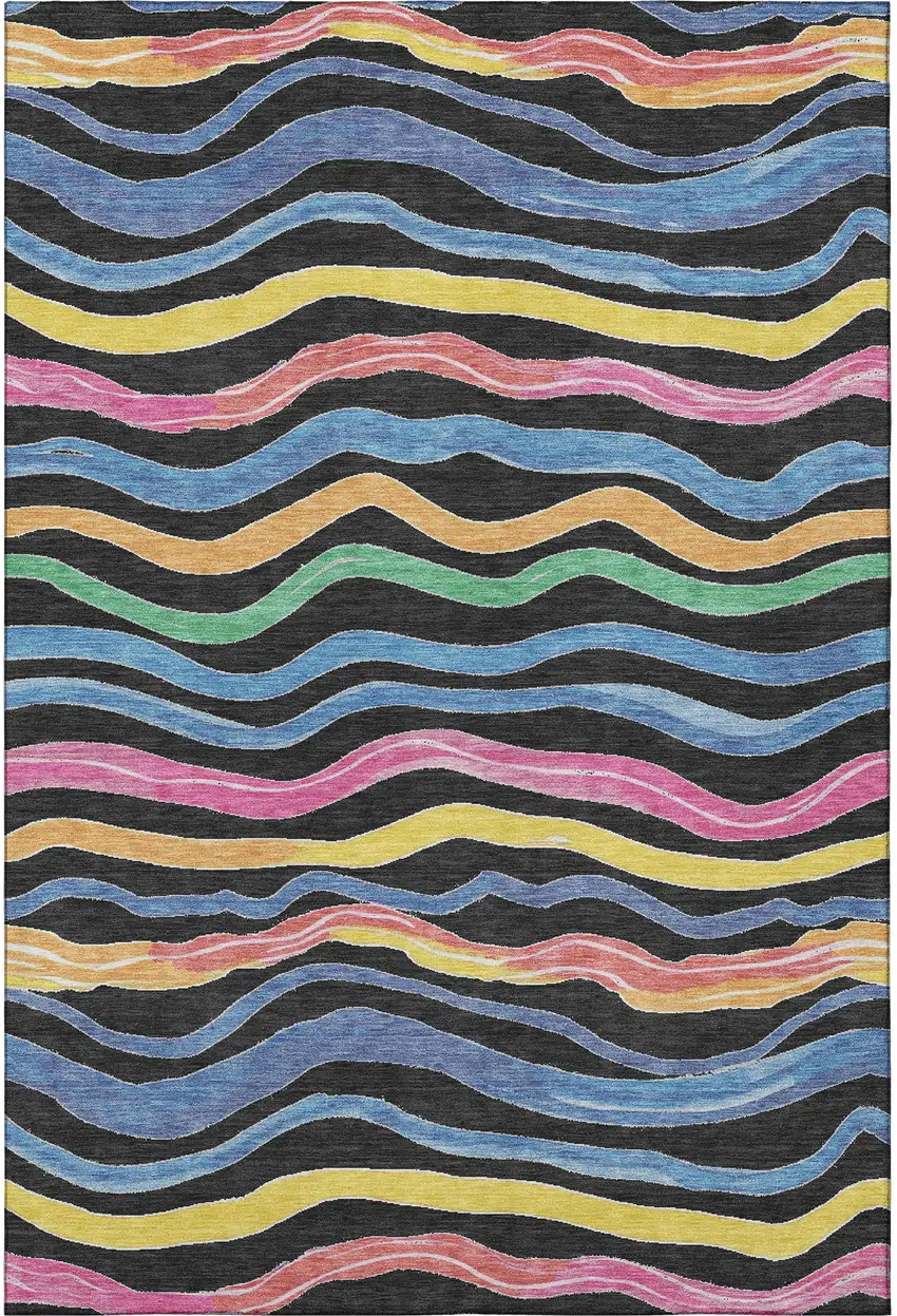 Black Yellow Blue And Pink Striped Washable Area Rug With UV Protection Photo 3