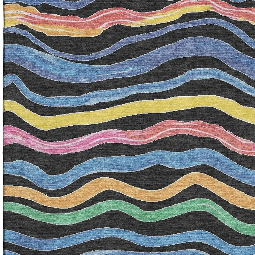 Black Yellow Blue And Pink Striped Washable Area Rug With UV Protection Photo 2