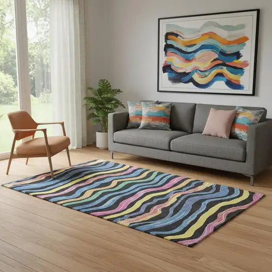 Black Yellow Blue And Pink Striped Washable Area Rug With UV Protection Photo 2