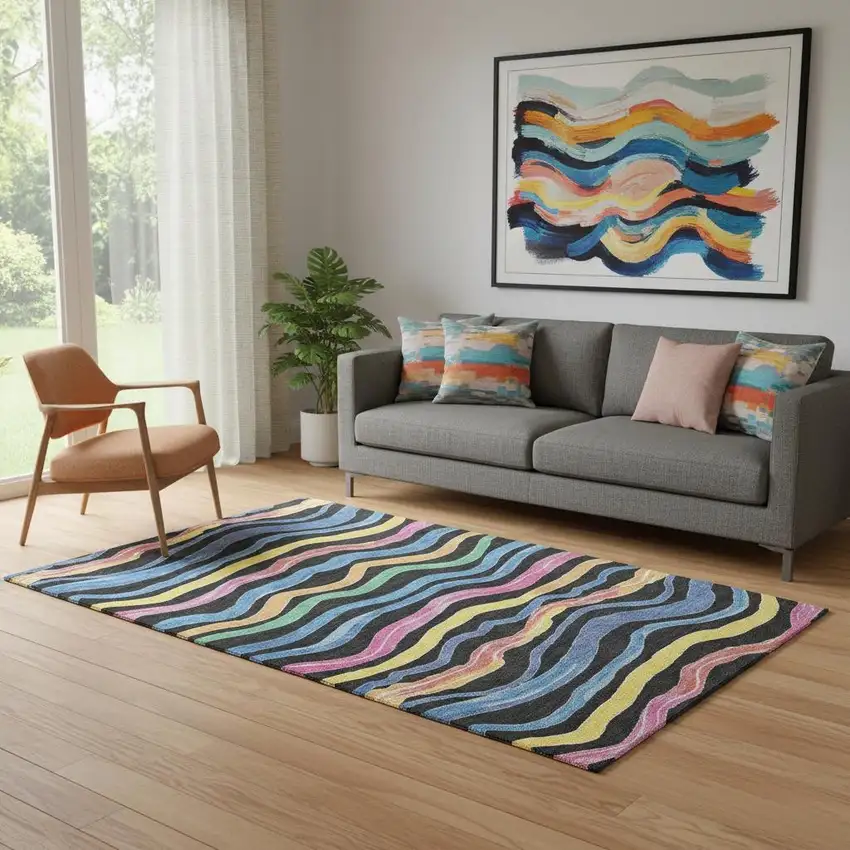 Black Yellow Blue And Pink Striped Washable Area Rug With UV Protection Photo 2