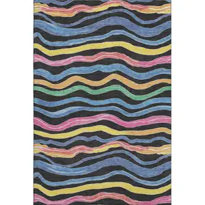 Photo of Black Yellow Blue And Pink Striped Washable Area Rug With UV Protection
