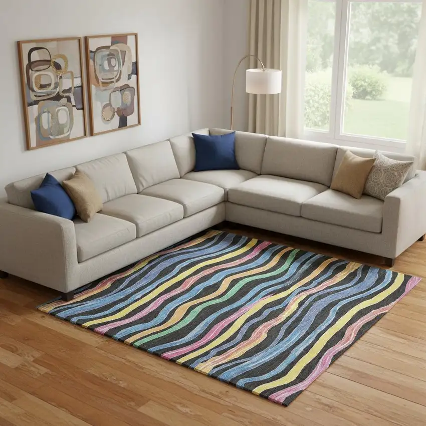 Black Yellow Blue And Pink Striped Washable Area Rug With UV Protection Photo 2