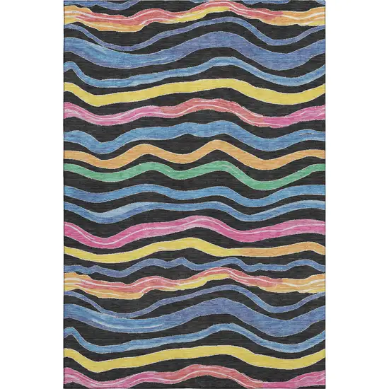 Black Yellow Blue And Pink Striped Washable Area Rug With UV Protection Photo 1
