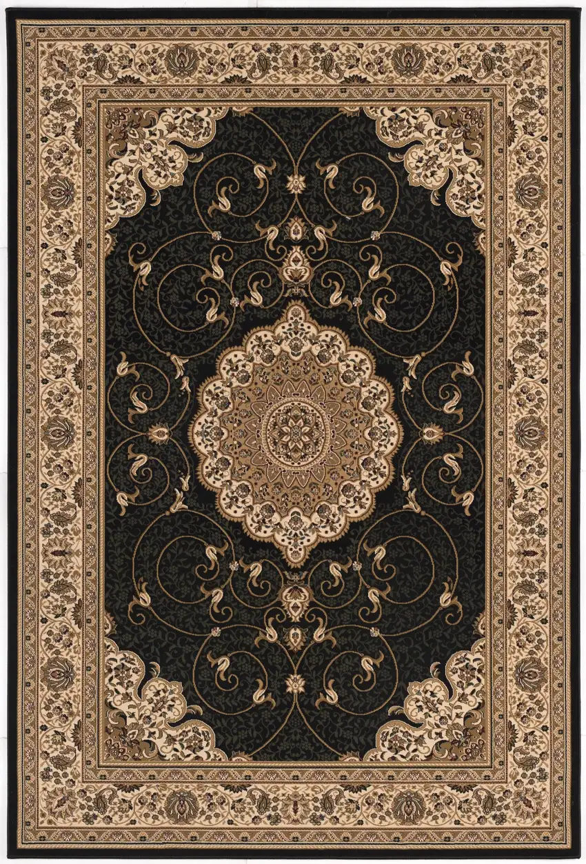 Beige and Black Medallion Power Loom Area Rug Photo 4