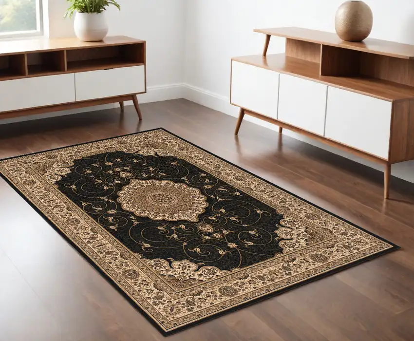 Beige and Black Medallion Power Loom Area Rug Photo 1