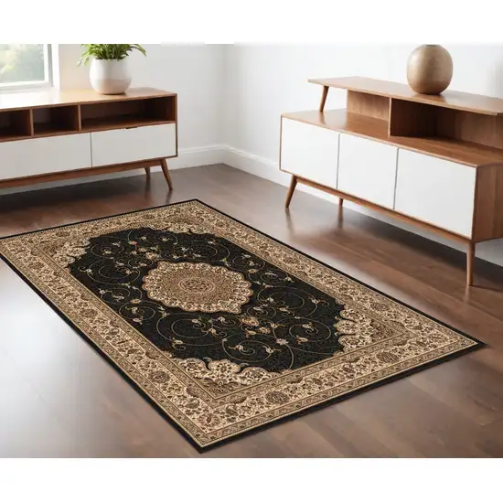 Beige and Black Medallion Power Loom Area Rug Photo 1