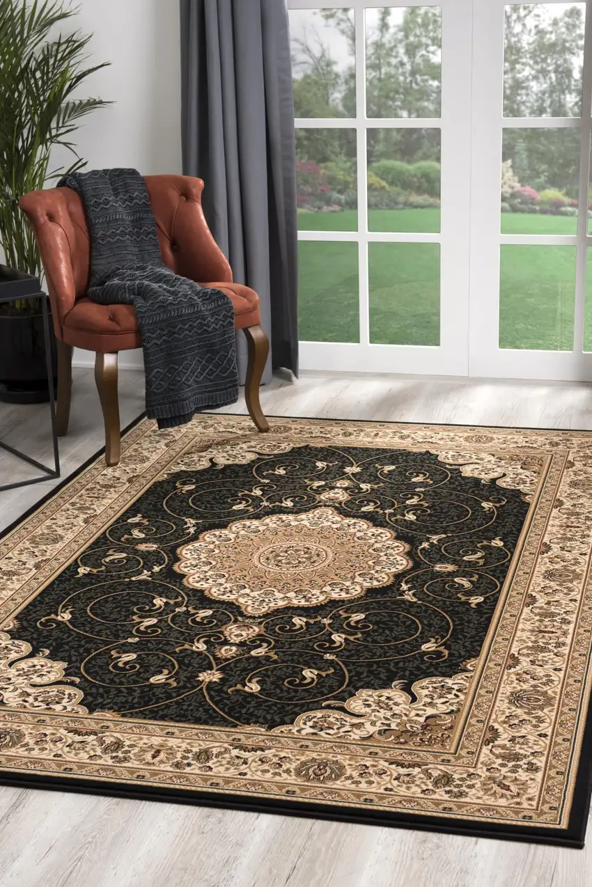 Black and Beige Embellished Area Rug Photo 6