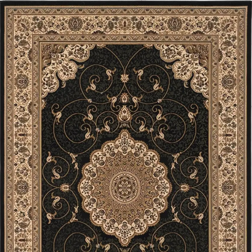 Beige and Black Medallion Power Loom Area Rug Photo 6