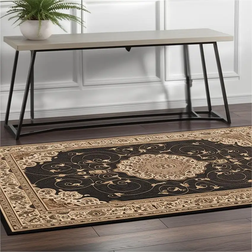 Beige and Black Medallion Power Loom Area Rug Photo 1