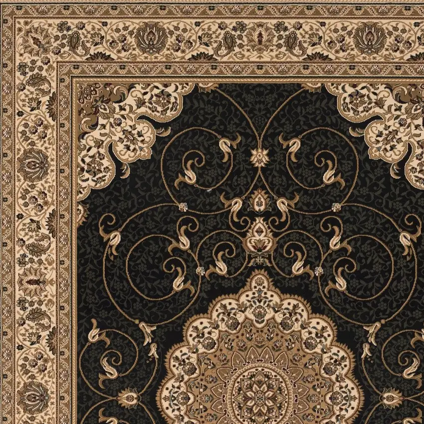 Beige and Black Medallion Power Loom Area Rug Photo 5