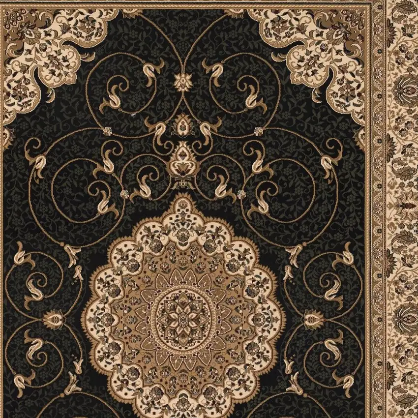 Beige and Black Medallion Power Loom Area Rug Photo 6