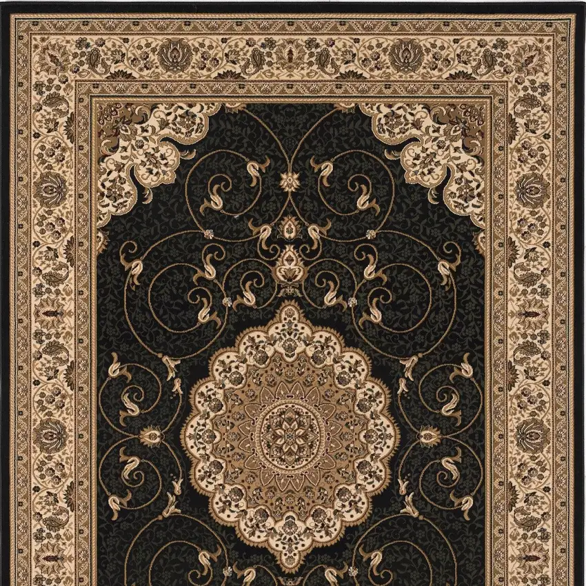 10' Beige And Black Medallion Runner Rug Photo 6