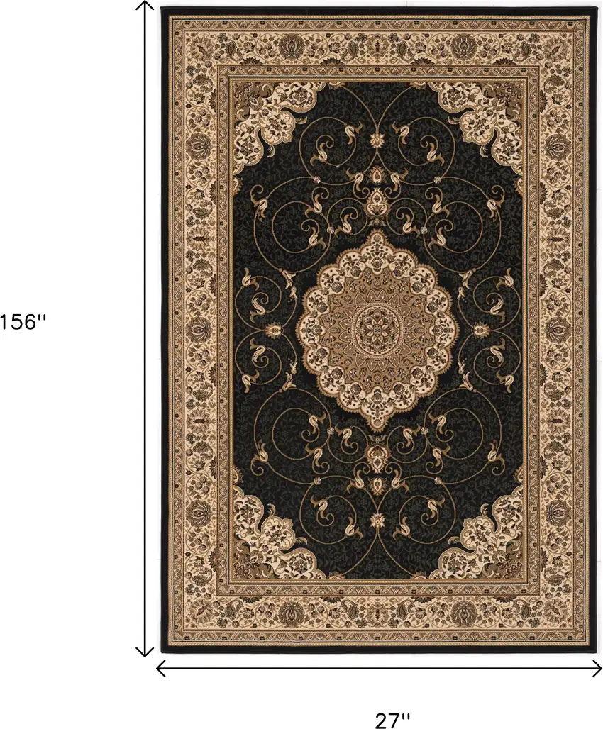 13' Beige And Black Medallion Runner Rug Photo 3