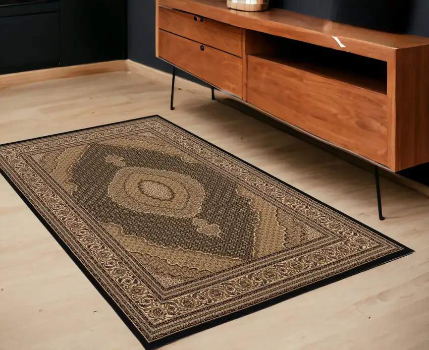 Beige and Black Medallion Power Loom Area Rug Photo 1