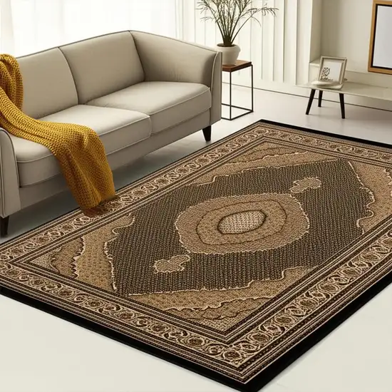Beige and Black Medallion Power Loom Area Rug Photo 2