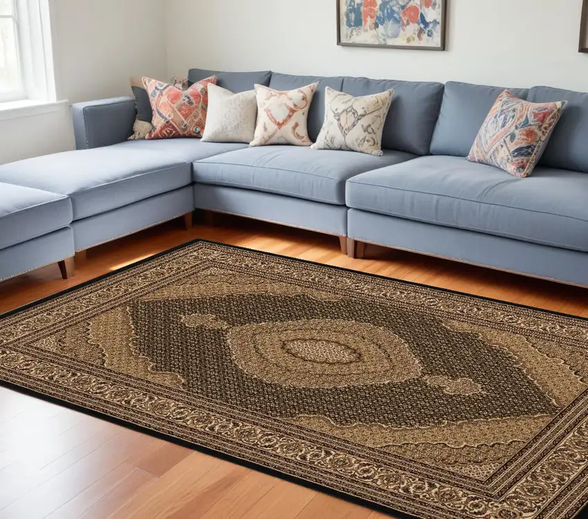 Beige and Black Medallion Power Loom Area Rug Photo 1
