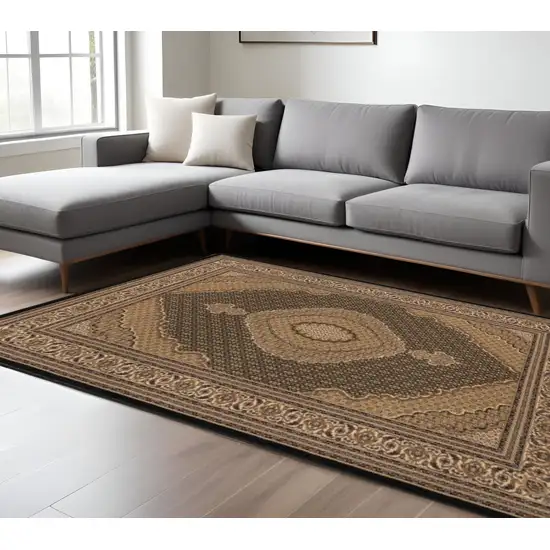 Beige and Black Medallion Power Loom Area Rug Photo 1